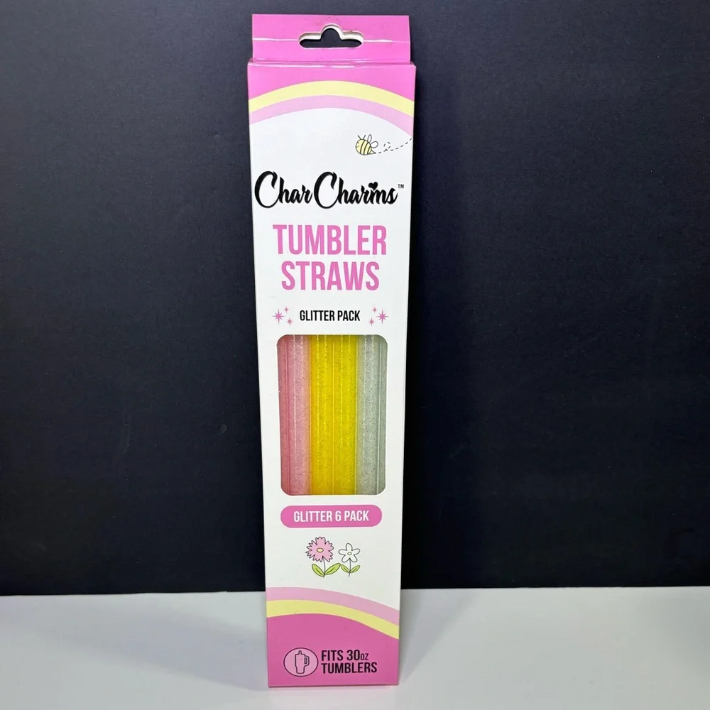 CharCharms 30oz Glitter Stanley Tumbler Straws - Pink, Yellow, Blue - pack of 6
